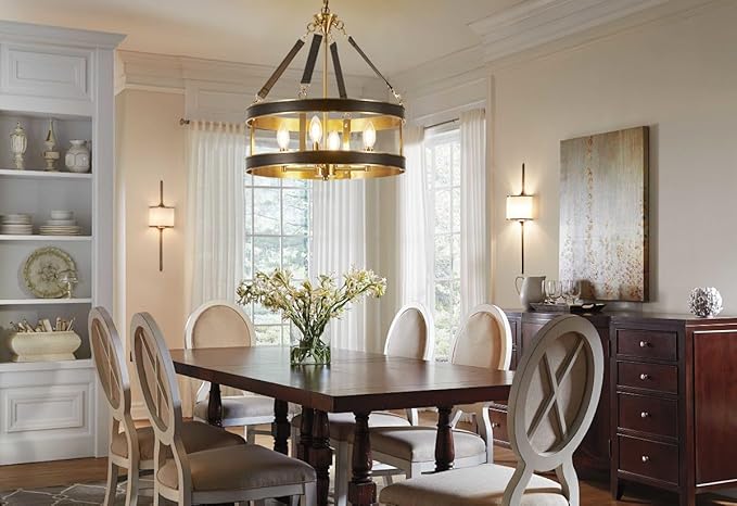 Farmhouse Ceiling Chandelier,18 Inch Antique bronze aluminum black leather belt trim Modern Rustic Hanging Pendant Ceiling Light Fixture for Living room, Dining room, Bedroom, Kitchen（4 Light）