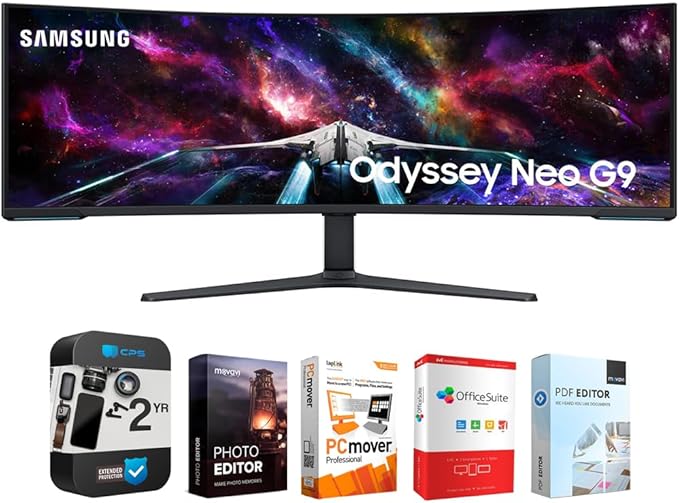 Samsung 57" Odyssey Neo G9 Dual 4K UHD Quantum Mini-LED Curved Gaming Monitor Bundle with Tech Smart USA Elite Suite 18 Standard Editing Software Bundle + 2 Year CPS Enhanced Protection Pack