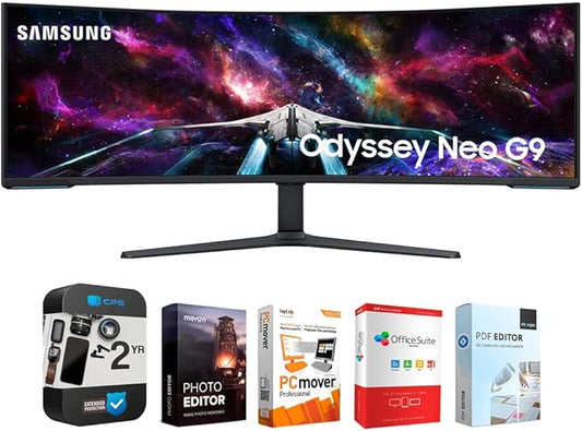 Samsung 57" Odyssey Neo G9 Dual 4K UHD Quantum Mini-LED Curved Gaming Monitor Bundle with Tech Smart USA Elite Suite 18 Standard Editing Software Bundle + 2 Year CPS Enhanced Protection Pack