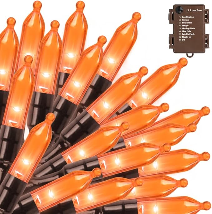 Orange Halloween Lights Battery Operated,2PK18Ft 50 LED Mini String with Timer 8 Modes Twinkle Light Outdoor Waterproof for Tree Garland Decor