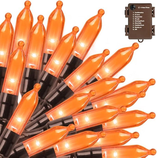 Orange Halloween Lights Battery Operated,2PK18Ft 50 LED Mini String with Timer 8 Modes Twinkle Light Outdoor Waterproof for Tree Garland Decor