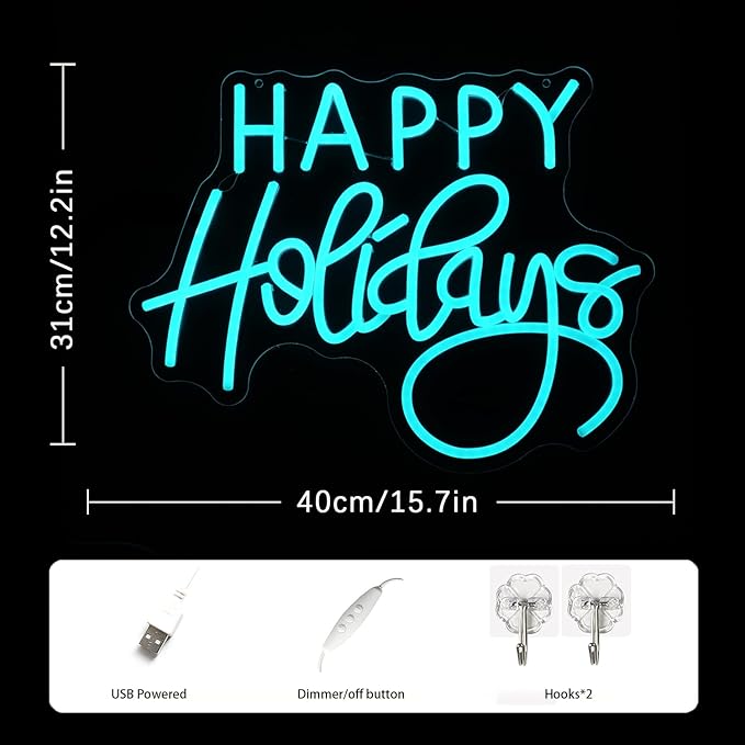 Happy Holidays Neon Sign for Wall Decor Blue Holiday Neon Lights Dimmable LED Christmas Neon Signs for Christmas, Thanksgiving, New Year
