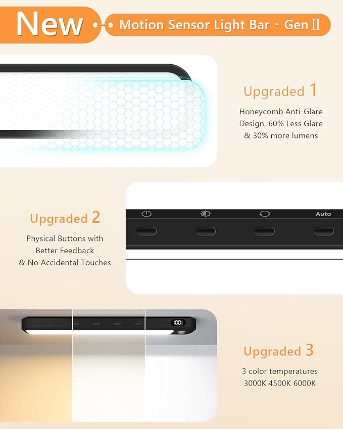 WILLED Under Cabinet & Closet Lights, Motion Sensor, Rechargeable, Magnetic, 3 Color Temps, Dimmable LED Light Bar for Indoor Kitchen Counter (2 Pack, Black)