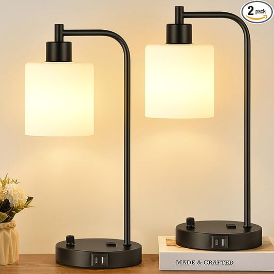 Lynnoland Set of 2 Industrial Table Lamps with USB C+A Ports and Outlet, Black Fully Stepless Dimmable Bedside Lamps, Nightstand Lamp with Opal Glass Shade for Reading Office (2 LED Bulb)