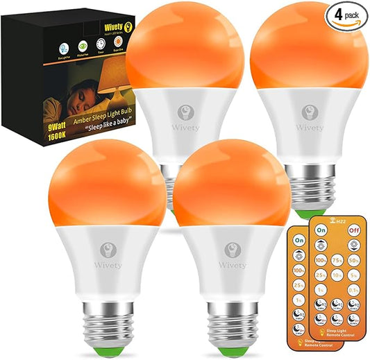 Amber Sleep Light Bulbs 1600K with Remote Control, Blue Light Blocking A19, 9W for Sleep Therapy, Baby Nursery, Bedroom (4 Packs)