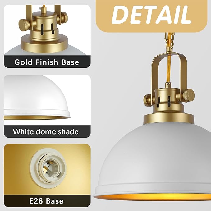 Modern White and Gold Pendant Lights,11.8" Vintage White Gold Pendant Light Fixtures Iron Dome Lighting Hanging Ceiling for Kitchen Island Dining Room Restaurant Bedroom Farmhouse Entrance