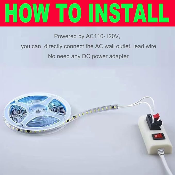 AC110-130V LED Strip Lights，Dimmable 10000LM 16.4ft/5m SMD 2835 600 LEDs Waterproof IP44 LED Lights Strip Ribbon, More Brightness Than Low Voltage LED Strip Lights (Natural White 4000K)