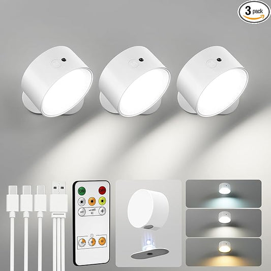 LED Wall Mounted Lights, Rechargeable Wall Sconces with Remote & Touch Control, 3 Color Temperatures 360° Rotation Dimmable Cordless Wall Light for Bedroom Study Reading Bedside (White, 3 Pack)