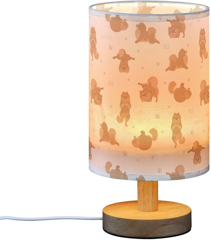 Yoga Pomeranian Dog Pattern Table Lamp with Wood Base Fabric Lamp Shade Bedside Nightstand Desk Lamp for Living Room Bedroom Kids Room Office