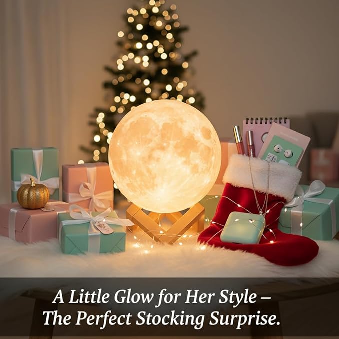 Mydethun 3D Moon Lamp, 9.6' Large Night Light with Wooden Base, Touch-Dimmable & Rechargeable, Gift for Mom, Bedroom, Home Décor, Dual-Color White/Warm Yellow