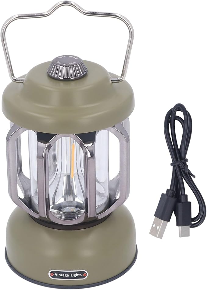 Retro Camping Lantern, Rechargeable LED Tent Lamp with 3 Light Modes, Dimmable Vintage Camping Light with Hook, USB Type C Portable Lantern for Garden Outdoor (Green)