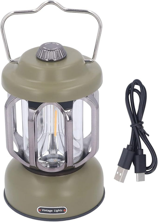 Retro Camping Lantern, Rechargeable LED Tent Lamp with 3 Light Modes, Dimmable Vintage Camping Light with Hook, USB Type C Portable Lantern for Garden Outdoor (Green)
