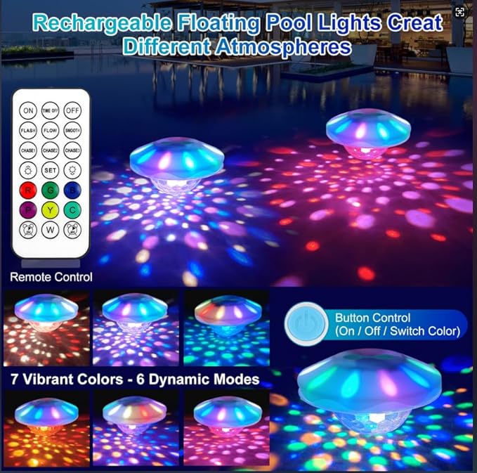 Rechargeable Floating Pool Lights: 2 Pack Pool Light That Float with RGB Color Changing Upper and Lower Floating Lights Remote Control IP68 Waterproof Bathtub Lights for Pond Garden Party