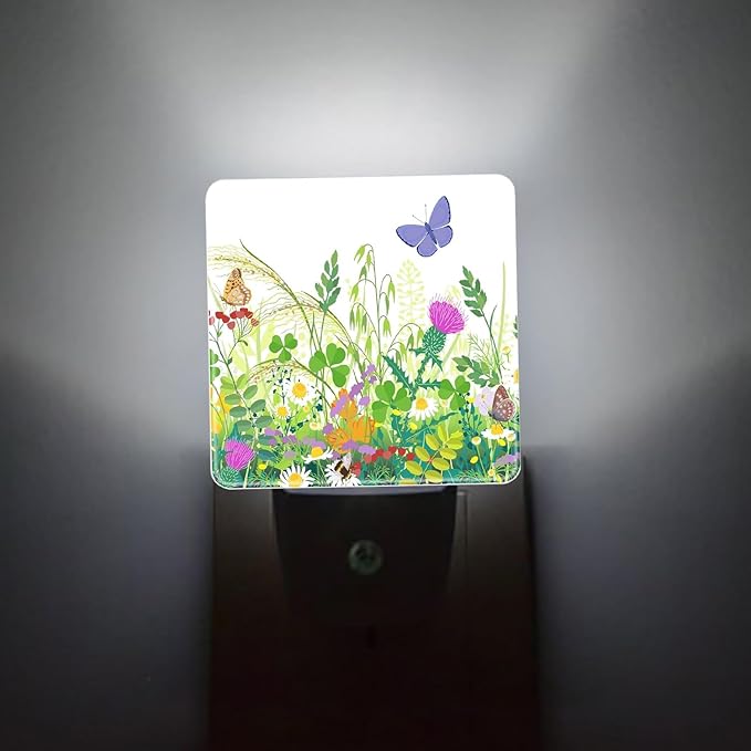 Spring Butterfly Plug-in LED Night Light,Floral Wildflowers Auto Dusk to Dawn Sensor Nightlights Plug into Wall,Flower White Energy Efficient Night light for Bedroom,Bathroom,Kitchen,Stairs,Hallway