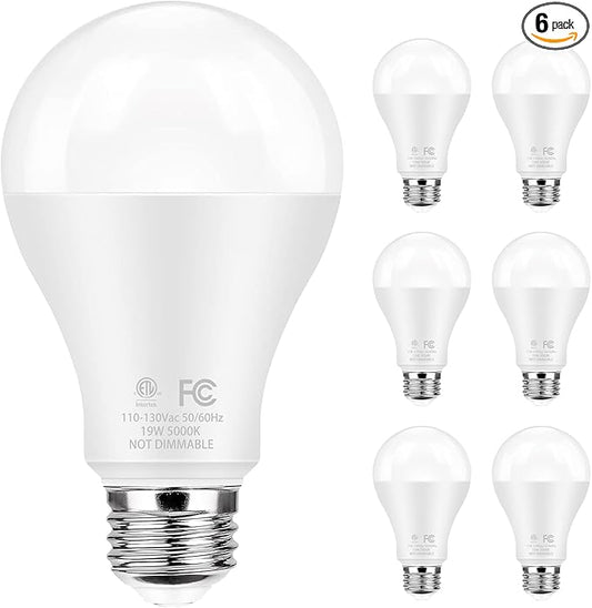 Super Bright LED Light Bulbs, 150 Watt Equivalent, 5000K Daylight White, 2600 High Lumen, E26 Base, Non-Dimmable, A21 19W Energy Efficient Bright White LED Bulbs for Home Office Porch, 6-Pack