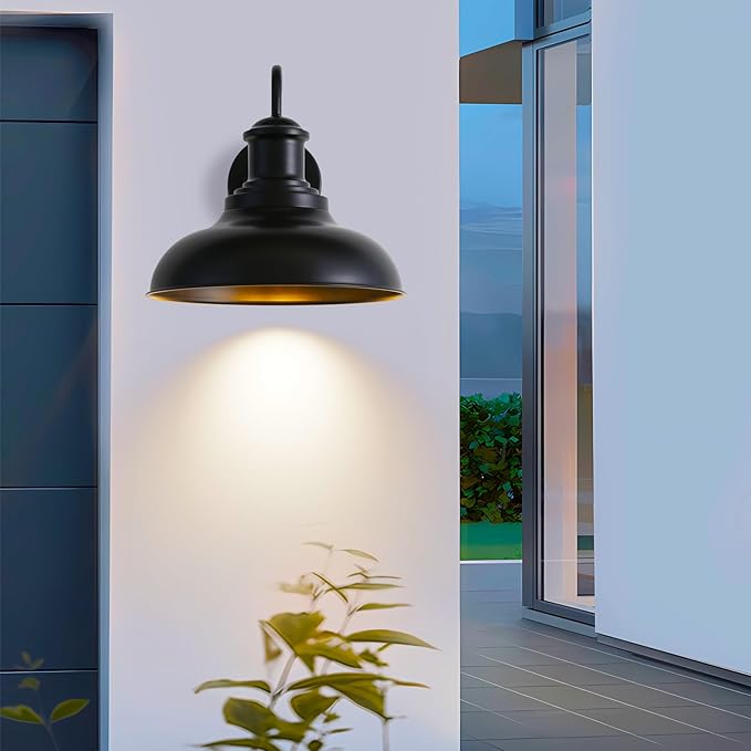 Dusk to Dawn Outdoor Wall Light Fixtures,12" Black Barn Wall Light with Gooseneck, Farmhouse Exterior Waterproof Wall sconces with Dome Shade for House Porch, Garage,Patio, 1Pack