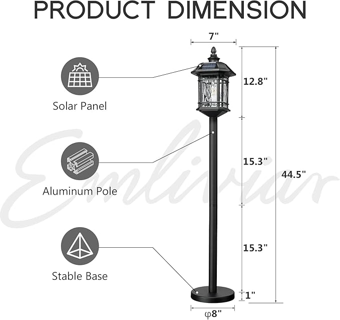 Emliviar Outdoor Solar Floor Lamp with Remote Control, Waterproof Solar Powered Path Lighting in Black Finish, LED Portable Street Light with Water Grain Glass, 2084PL-ML SL BK