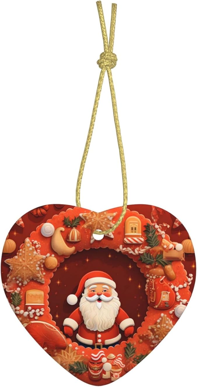 Christmas Wreath Santa Claus Cookies Christmas Ornaments, Christmas Decorations Xmas Tree Hanging Ornaments, Heart-Shaped Ceramic Festive Keepsake Gift for Christmas Decorations Holiday Home Party