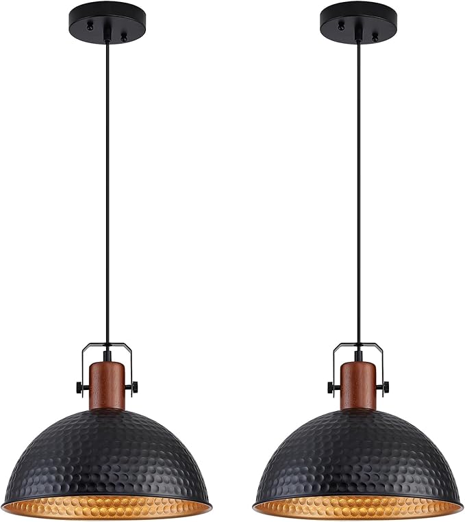 12 Inch Black Pendant Lights Hammered Matte Pendant Lights for Kitchen Island Industrial Farmhouse Adjustable Height Dome Hanging Light Fixtures for Barn, Dining Room 2 Packs
