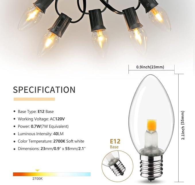 Night Light Bulb – C7 E12 LED Bulbs – Candelabra, 0.6 Watt Equivalent 7W Incandescent Bulb, Warm White 2700K, Window Candles & Chandeliers Replacement Bulb, 6 Pack