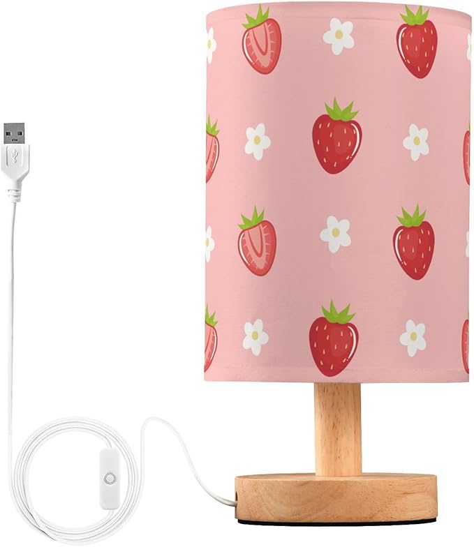 Bedside Table Lamp Cute Strawberry Florals Nightstand Lamp with Wood Fruits Flowers Pink Desk Lamps for Bedroom Living Room Nursery Office Home Decor
