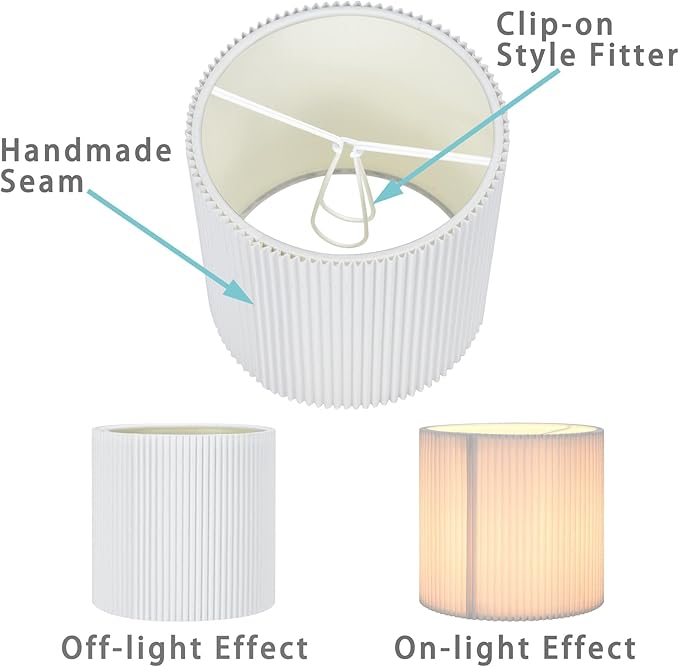 LAMPWELL KETTE Clip-on Pleated Fabric Lamp Shades for for Table Chandelier Wall Lamp,Set of 2,Small Drum,5.4"×5.4"×H5.2",TC fabric,Handmade,Modern Trendy Decorative,ONLY FOR CANDLE BULB,White