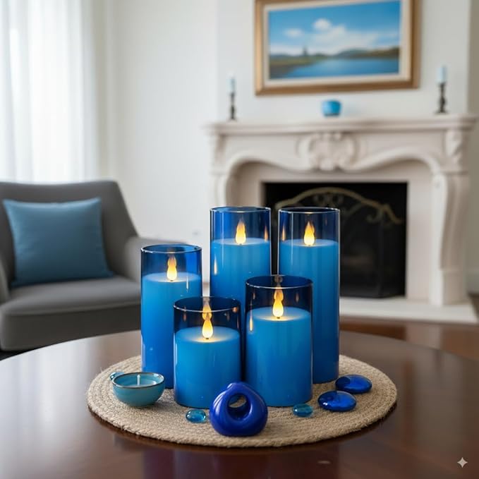 Homemory Blue Flickering Flameless Candles, Battery Operated Acrylic LED Pillar Candles with Remote Control and Timer, Blue Decor, Set of 5