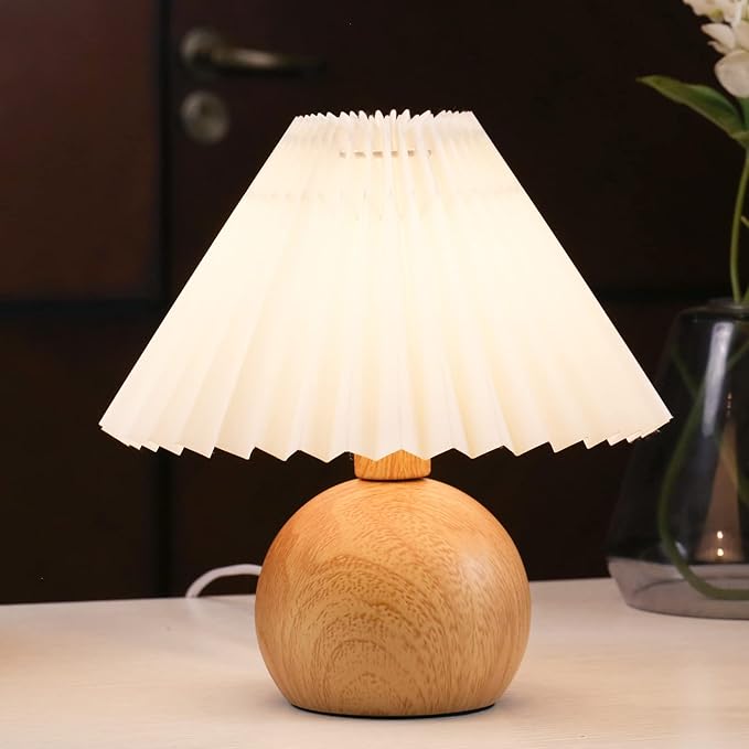 KUNJOULAM Small Pleated Table Lamp, Modern Bedside Nightstand Lamp with Beige Lampshade, Metal Base Cute Lamp for Bedroom, Living Room, Kids Room, Dorm with E12 Bulb