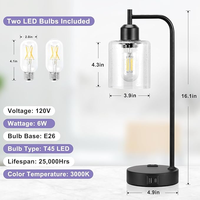 Industrial Touch Table Lamps for Bedrooms Set of 2 - 3-Way Dimmable Lamps with USB C+A Ports and Outlet, Black Bedside Lamps with Seeded Clear Glass Shade for Living Room, Desk Lamps for Home Office