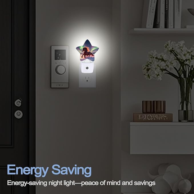 Winter Horse Nightlight,Aurora Forest Star Night Lights Plug into Wall Decorations for Bedroom Bathroom,Dusk to Dawn Sensor Kitchen Hallway Stairs Energy Efficient Desk Lamp