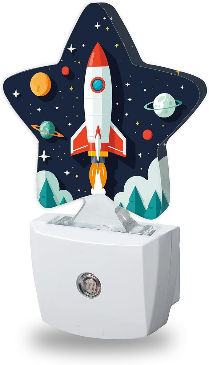 Cartoon Rocket Night Light for Kids,Space Planets Night Lights Plug Into Wall, Lightweight Dusk to Dawn Light Sensor Warm Nightlights for Girls Boys Bedroom Nursery Basement