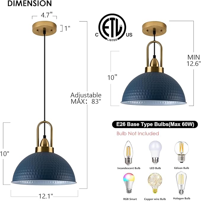 Blue Pendant Lights Kitchen Island Industrial Adjustable Height Vintage Dome Hanging Light Fixtures for Barn, Dining Room 2 Packs