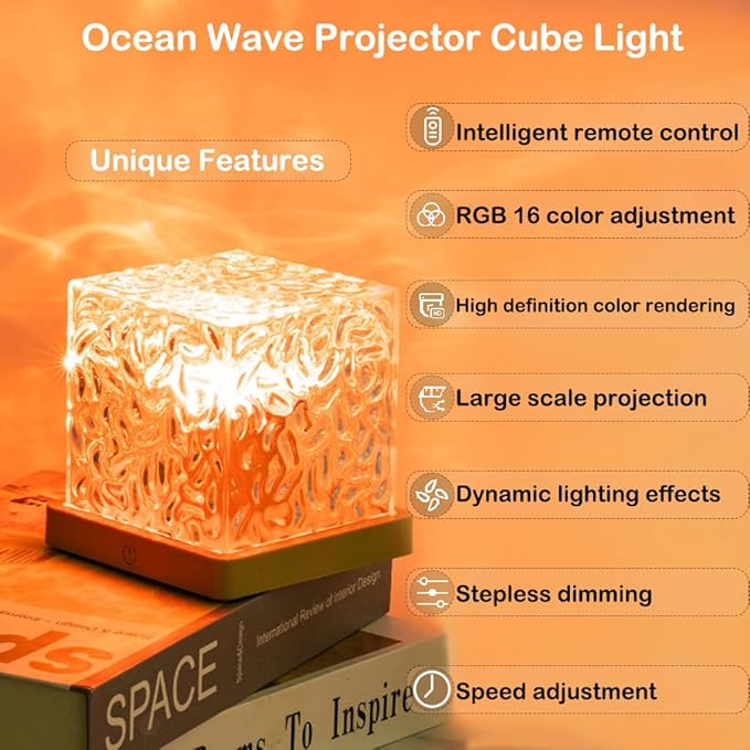 Ocean Wave Projector Cube Light, Luminorthe Cube Lamp, Corded Ocean Lamp, Northern Lights Projector Lights with 16 Colors and Dynamic Ripple Effect for Living Room Bedroom Decor