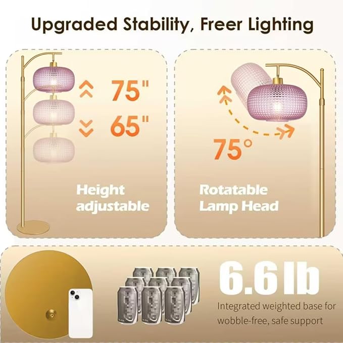 Glass Floor Lamp for Living Room, Modern Tall Standing Lamp with Pink Glass Lamp Shade, Dimmable Gold Tall Floor Lamp for Bedroom Office with Remote Control, 1 x 12W LED Bulbs Included