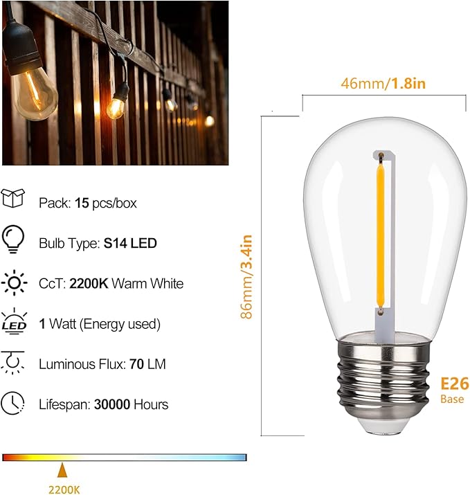 Waterproof Shatterproof S14 LED Bulb,String Light Bulbs 1W Equal to 10W Incandescent, Outdoor String S14 Replacement Light Bulbs,Suitable for patio, gardens,Room.Warm White 2200K, E26,120V(15PACK)