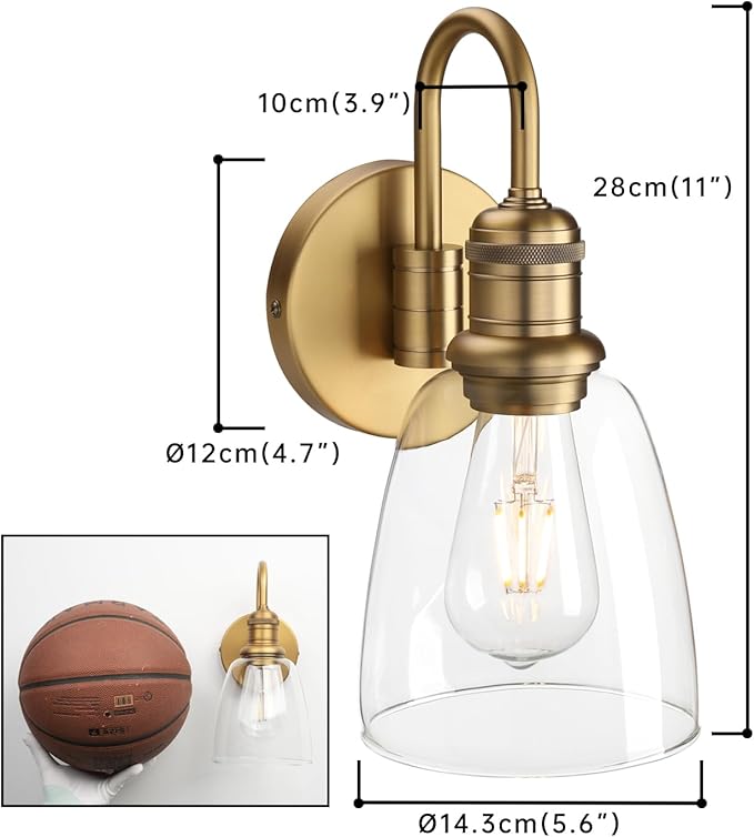 1-Light Vintage Gooseneck Wall Sconce Lamp with Cloche Clear Glass Shade, Industrial Indoor Wall Light Fixture for Bathroom Living Room Bedroom Over Kitchen Sink