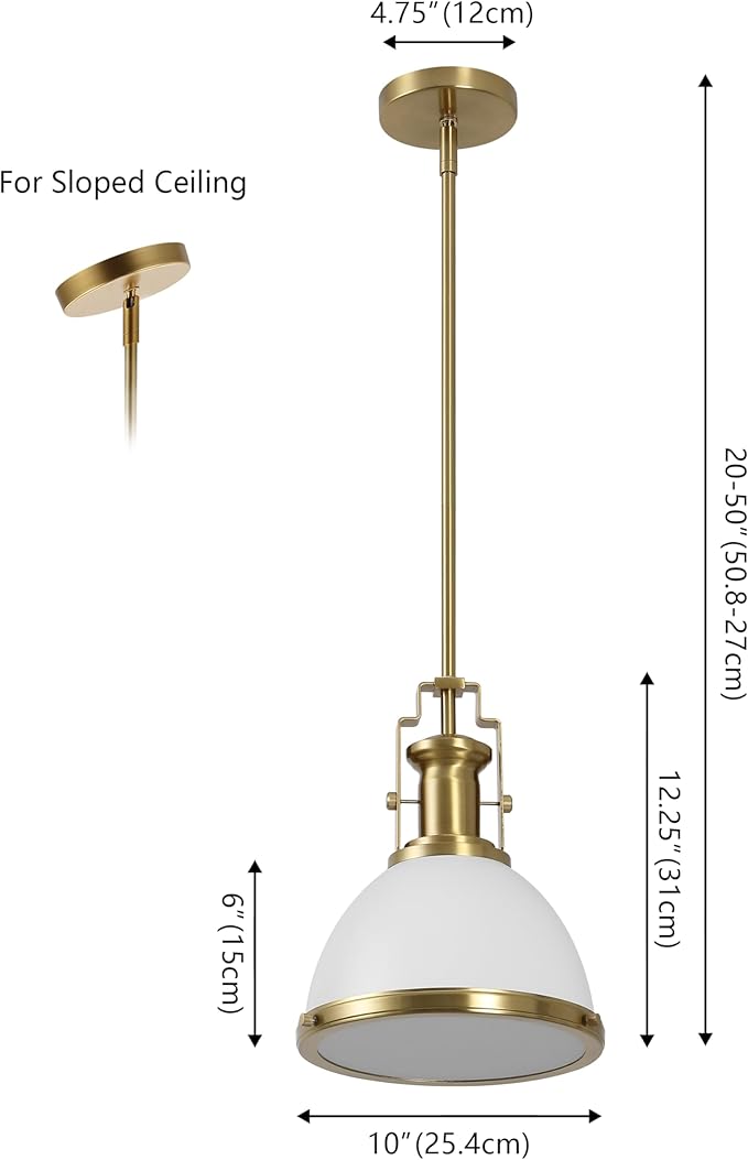 JONATHAN Y 10" Brass Gold/White Modern Industrial Iron LED Dome Pendant Light, Adjustable Hanging Fixture for Kitchen Island or Entryway, Black Metal Shade, LED Bulb Included (JYL9535D)