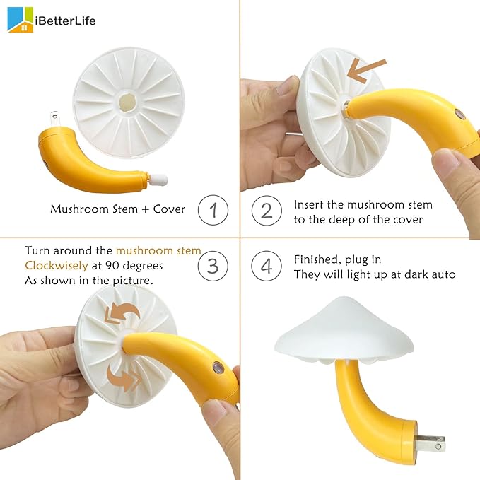 Sensor LED Mushroom Night Lights - 2Pack Plug into Wall Mushroom Lamp, Cute Dream Bed Nightlight for Kids Adults for Home Office, Bedroom, Bathroom Toilet, Stairs Hallway Corridor, Warm White & Yellow