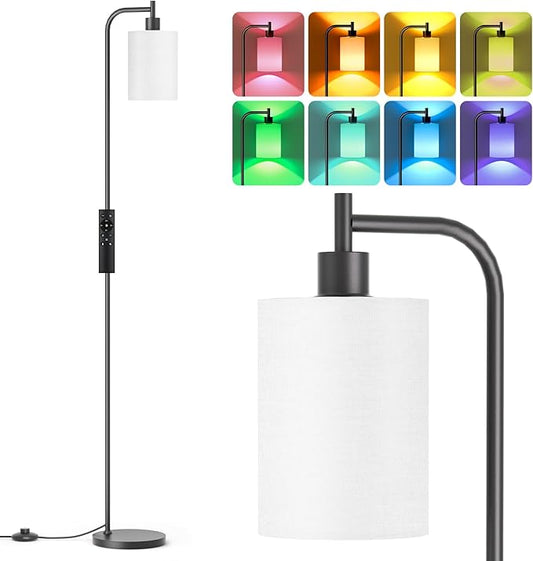 RGB Floor Lamp with Linen Shade, Dimmable Tall Standing Lamp with Remote Control, Color Changing Floor Lamps for Living Room Bedroom Gaming Room, 9W RGB Bulb Included