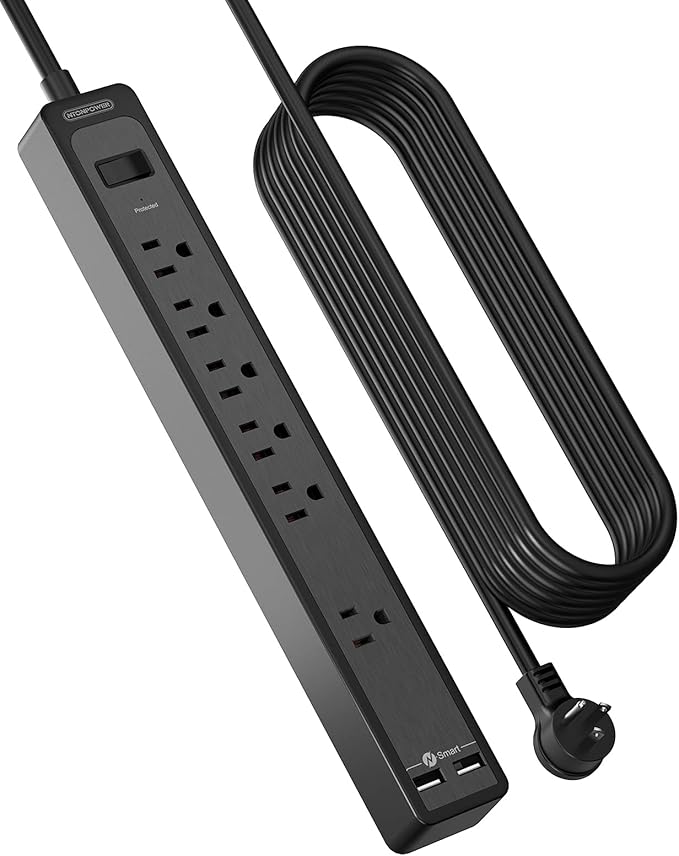 NTONPOWER 25 Ft Extension Cord, Surge Protector Power Strip with 6 Outlets, 2 USB, Overload Protection, 1080J, 1850W/15A, Wall Mount for Home Office and Workbench, Black