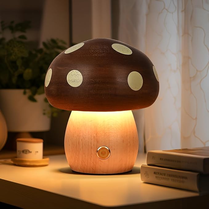Cordless Wood Mushroom Lamp, Small Battery Operated Wooden Table Lamp Portable Night Light, 3-Level Dimmable Touch Control Warm LED Light for Bedroom, Nursery, Patio Decor