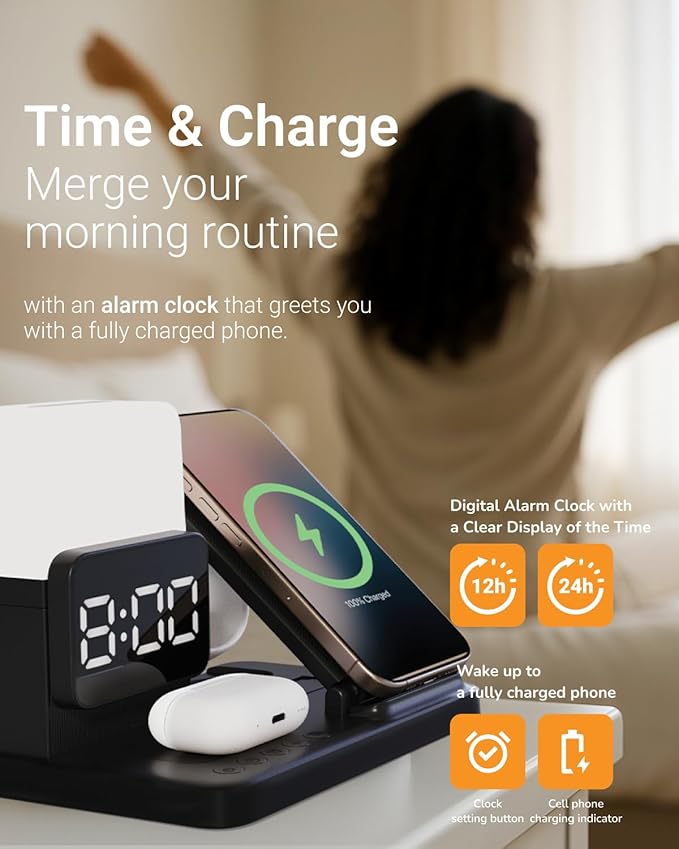 M.A.D LAB Nightstand Charging Station - Charging Station for Multiple Devices with Alarm Clock and Night Light, Wireless Fast Charger for iPhone, Android Phones, AirPods & Apple Watch (No Adapter)