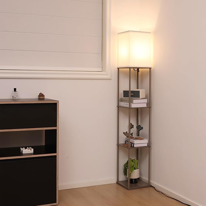 Floor Lamp with Shelves, Modern Square Standing Lamp with 3 Color Temperature Bulb, Corner Display Bookshelf Lamp for Living Room, Bedroom and Office （Grey）