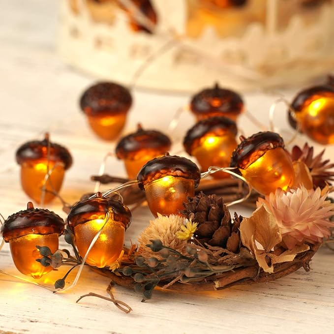 BOHON 3D Acorn Fall Decor Harvest String Lights Battery Powered with Remote and Timer 10ft 30 LEDs Thanksgiving Decorations for Christmas Party Autumn Tree Ornaments