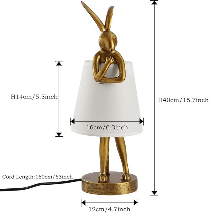 Bunny Table Lamp, Resin Animal Rabbit Lamp, LED Bunny Decor Lamp with Fabric Shade, Vintage-Style Component,Suitable for Office Study and Bedside (White H15.7)
