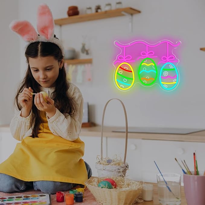 Easter Egg Neon Sign Eggs Decorations LED Sign for Home Dimmable Colorful Easter Light Sign for Bar Office Bedroom Light Up Bunny Sign Eggs Wall Art Festive Gifts for Kids Girls