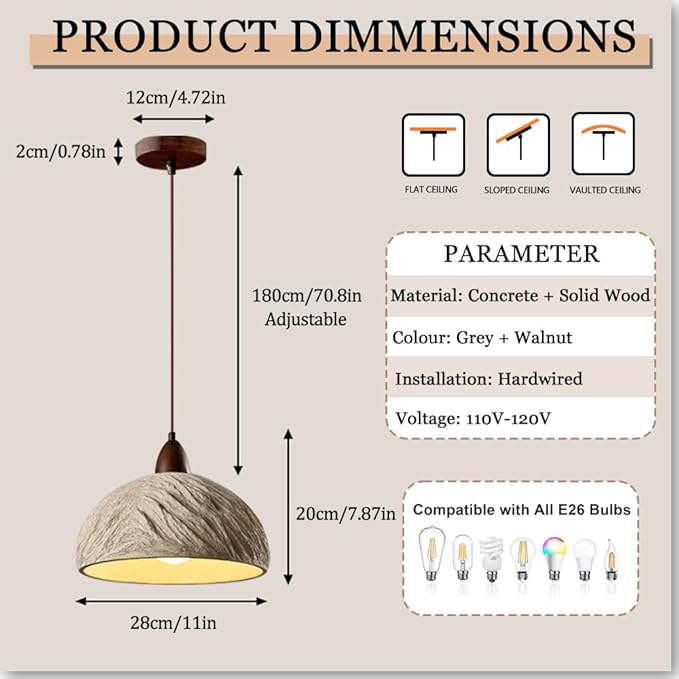 Wabi Sabi Pendant Light, 11" Concrete Pendant Light with Grey Irregular Textured Lampshade & Wooden Ceiling Plate, Retro Cement Hanging Lamp Ideal for Bedroom Living Room Kitchen (No Bulb)