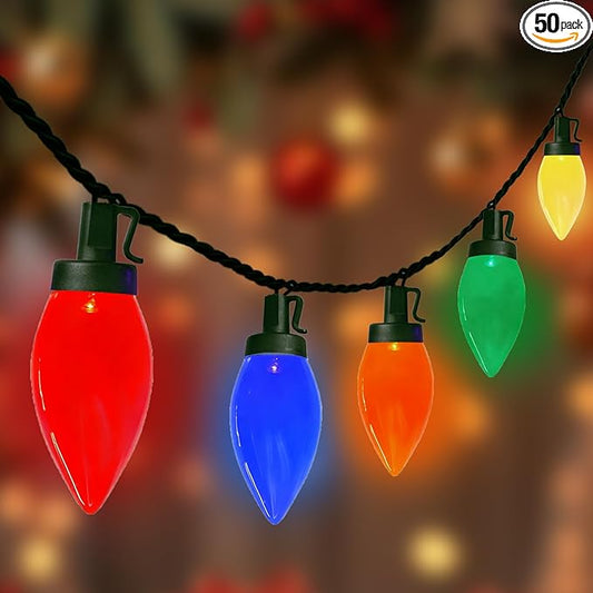 C9 Christmas String Lights Outdoor, 26FT 50 LED Vintage Multicolor Fairy Lights, Plug in UL Listed Waterproof Connectable Christmas Tree Lights for Home, Roofline, Garden, Patio Decor, Green Wire