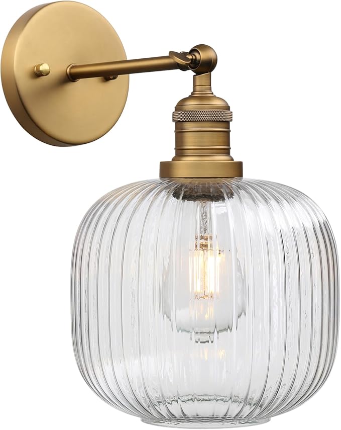 Pathson Modern Wall Sconce Lamp Clear Striped Round Glass, Hardwired Vintage Wall Vanity Light Fixture for Farmhouse Living Room Bedroom Bathroom Loft