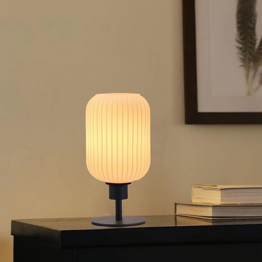 Mid Century Glass Table Lamp,Dimmable Desk Lamp,LED Bulb Included,Remote RGB Color Changing,White Ribbed Glass